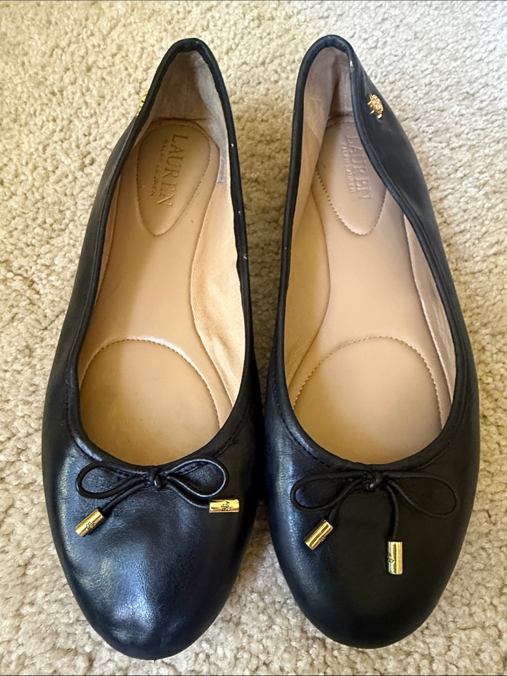 Lauren Ralph Lauren Black Leather Ballet Flats with Gold Hardware and Bow
